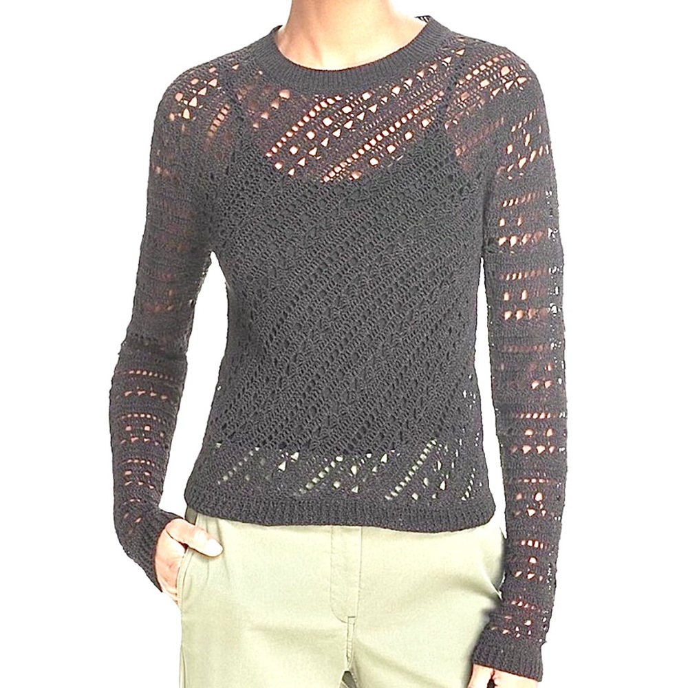 THEORY Crochet Crew Neck Sweater Pullover Open Knit Cut Out Top Cotton Black XS